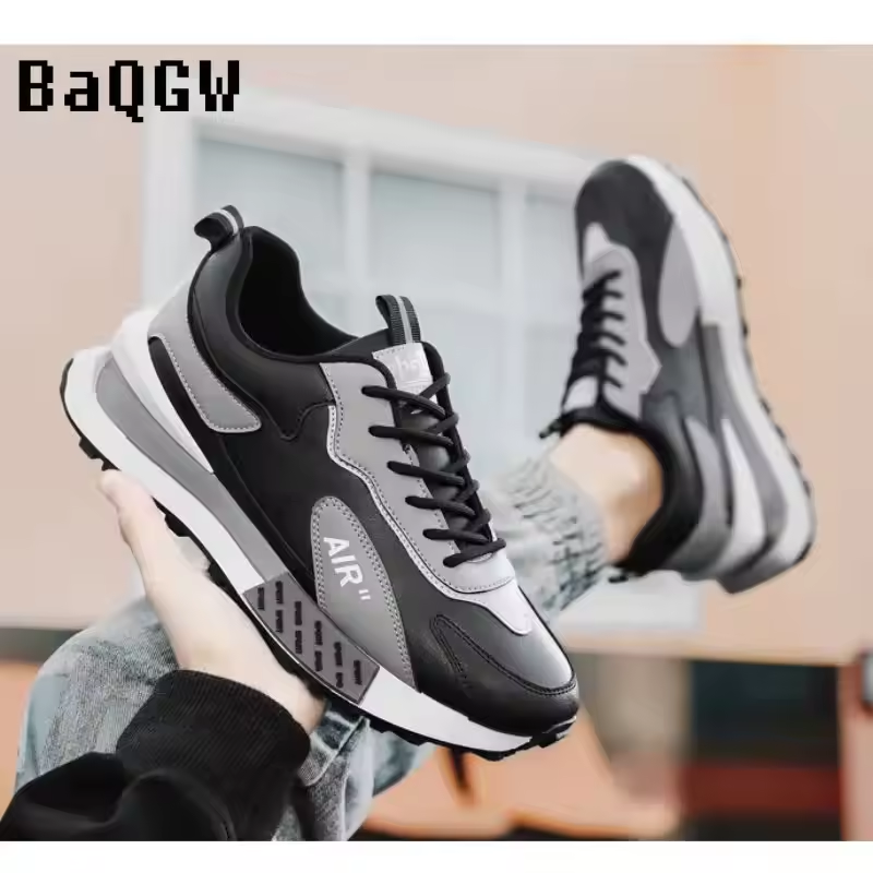 Men Luxury Chunky Sneakers Fashion Casual Genuine Leather Cowhide Mesh Breathable Height Increased Flat Platform Running Shoes